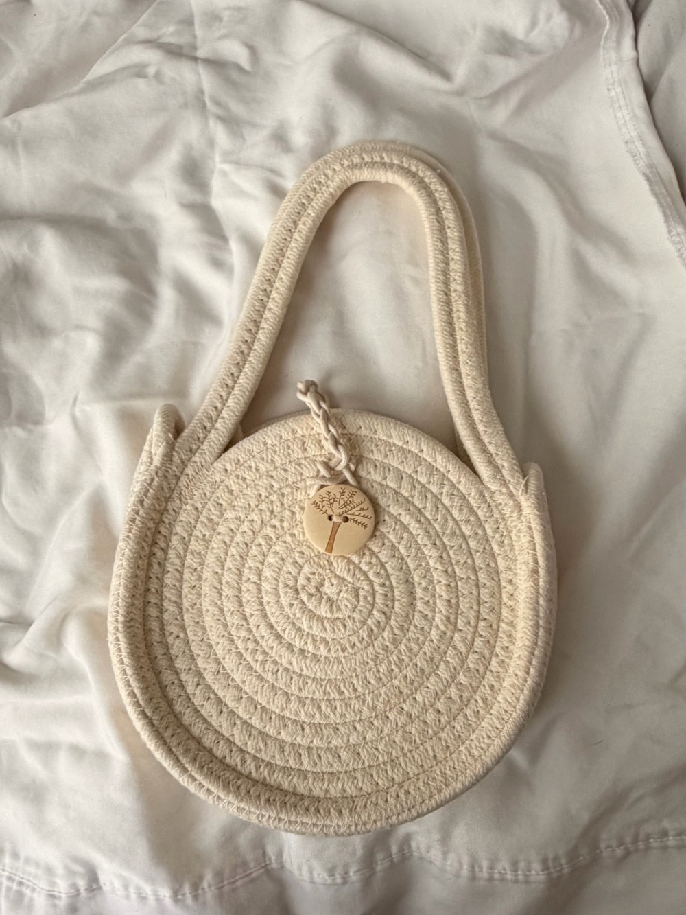 Woven Round Cream Bag - Handcrafted Rope Design